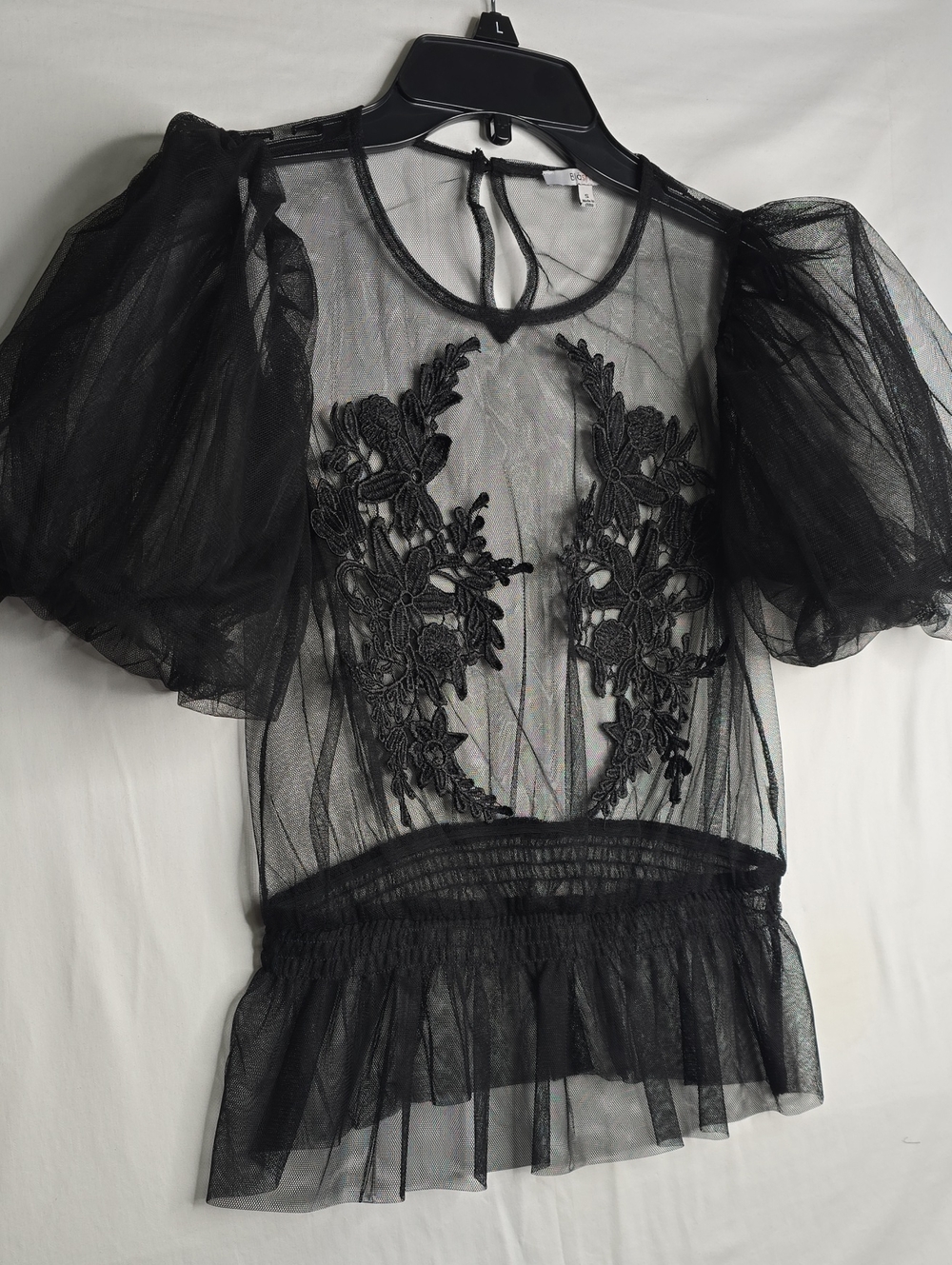 Blashe Sheer Black Embroidered Puff Sleeve Top Goth Fairy Vamp Grunge Vixen Boho